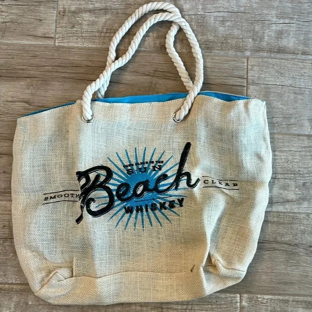 Beach Bag- Beach Whiskey Beach Bag Fun in the sun logo.